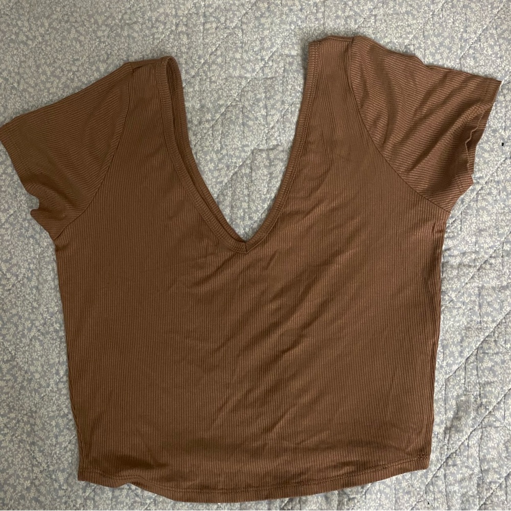 Bozzolo Mocha Brown Short Sleeve Plunge Top